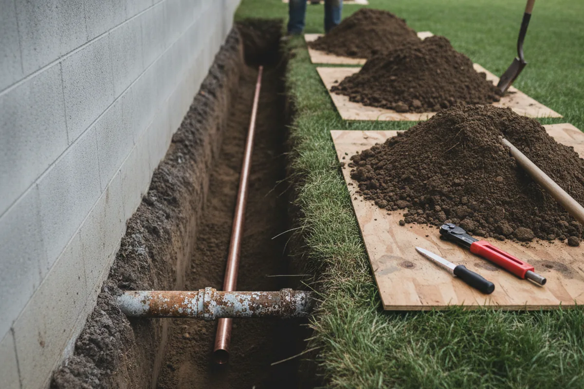 Excavated water line trench during Sewer Line Repair in Cohutta